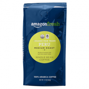 Amazon Fresh, Organic Fair Trade Peru Whole Bean Coffee, Medium Roast, 12 Oz @ Amazon