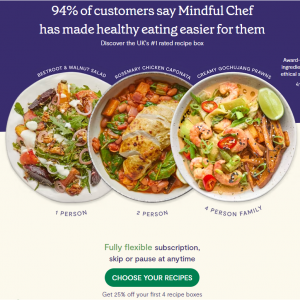 25% Off Your First 4 Recipe Boxes @ Mindful Chef