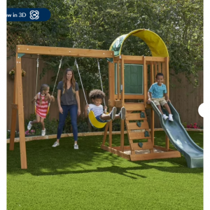 Walmart -  KidKraft Ainsley 木製戶外秋千套裝帶滑梯和岩牆，直降$100 