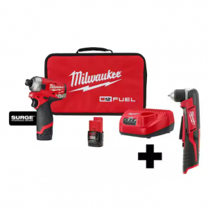 Milwaukee M12 FUEL SURGE 12V 鋰離子無刷無繩 1/4 英寸六角衝擊起子緊湊套件，帶 M12 直角鑽