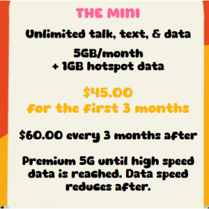 The Mini 5GB/month + 1GB hotspot data for $15/mo @Unreal Mobile 