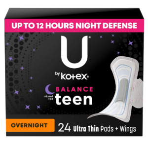 U by Kotex Teen Ultra Thin Feminine Pads with Wings, Overnight, Unscented, 24 Count @ Amazon