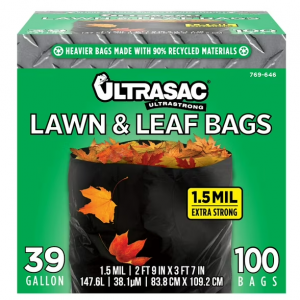 Ultrasac Lawn & Leaf Cleanup Bags, 39 Gallon, 1.5 mil, 33" x 43", Black, 100 Count @ Walmart