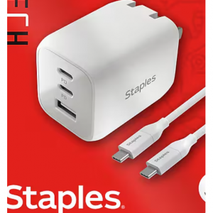 Staples TECH GaN USB-A/USB-C 壁式充电器带充电线,白色 (ST62326)