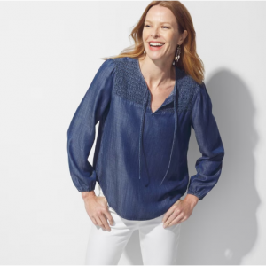 57% Off Smocked Chambray Popover Top @ Chico's Off The Rack 