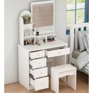 FUFU&GAGA 5-Drawers White Makeup Vanity Table Wooden Dressing Desk With Mirror