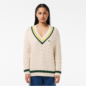 30% Off Contrast Accent Cable Knit V Neck Sweater @ Lacoste NZ