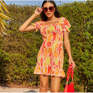 70% Off Ruffle Shirred Abstract Print Mini Dress in Orange @ Chi Chi London