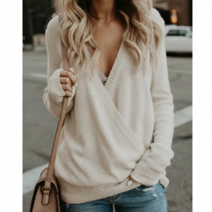 65% Off Heather Knitwear Surplice Plunging Neck Long Sleeve Knit Top @ DressLily