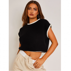 Missy Empire Beatrix Black & White Cropped Knitted Jumper Vest