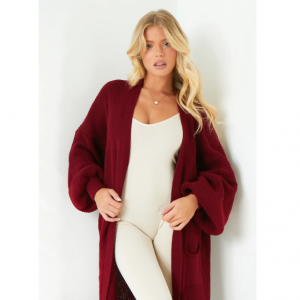 Missy Empire Nathalie Wine Balloon Sleeve Knitted Cardigan