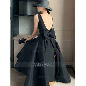 Missacc A字方领蝴蝶结无袖缎面鸡尾酒会连衣裙
