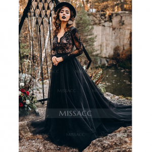 Missacc A字V领长袖蕾丝婚纱裙