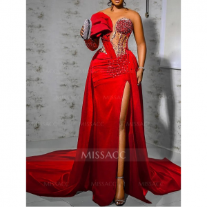 Missacc 紧身/直筒单肩高开叉丝缎舞会礼服