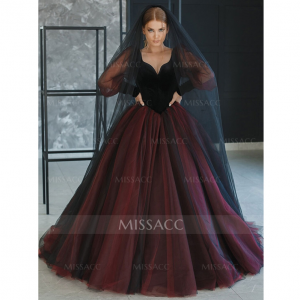 Missacc V 领长袖复古薄纱/天鹅绒黑红哥特式婚纱