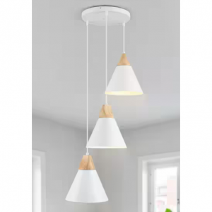 LWYTJO Kairah 3-Light White Modern Nordic Timber Style Wooden Pendant Light with Cone Metal Shade