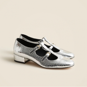J.Crew Teagan T-strap heels in metallic croc-embossed leather