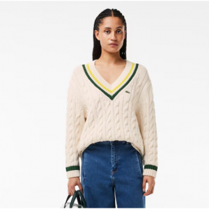 40% Off Women's V-Neck Cable Knit Cotton Tennis Sweater @ Lacoste Canada 