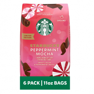 Starbucks Ground Coffee, Peppermint Mocha Naturally Flavored Coffee, 6 Bags (11 Oz Each) @ Amazon