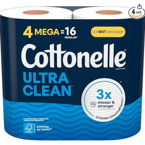 Cottonelle Ultra Clean Toilet Paper, 4 Mega Rolls (4 Mega Rolls = 16 Regular Rolls) @ Amazon