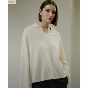 100% カシミア Vネック ワイドスリーブポロニットトップス