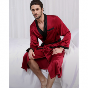22匁 シルクバスローブ メンズ 長袖 高級感 ロング丈 ポケット付き ナイトガウン