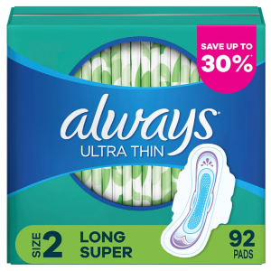 Always Ultra Thin Size 2 加长超级卫生巾 带弹性护翼 92 片 - 无香
