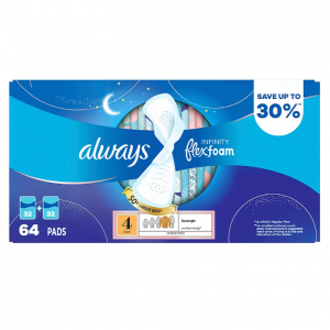 Always Infinity FlexFoam 4 号夜用卫生巾(带护翼)64 片 - 无香