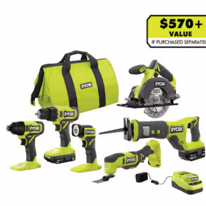 RYOBI ONE+ 18V 无绳 6 工具组合套件，带 1.5 Ah 电池、4.0 Ah 电池和充电器