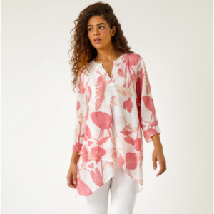 31% Off Coral Palm Print V-Neck Wrap Hem Tunic Top @ Roman Originals