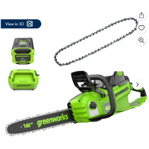 Greenworks 60V 16" 1.5kW Brushless Chainsaw with 2.5 Ah Battery & 3 Amp Charger + Bonus Chain