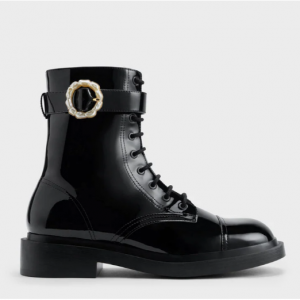 31% Off Patent Pearl Buckle Lace-Up Ankle Boots - Black Patent @ Charles & Keith HK