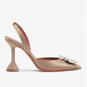 Amina Muaddi Begum 95 sling crystal embellished taupe satin pumps 高跟鞋