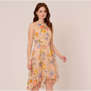 50% Off Floral Embroidered Sleeveless Midi Dress With High Low Skirt In Yellow @ Adrianna Papell 