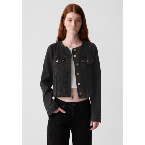 Collarless Cropped Icon Denim Jacket