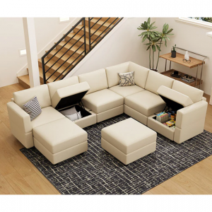 Belffin 7 Seats + 9 Sides Modular Leather Sofa with Storage Ottoman 