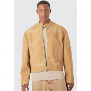 56% Off Boxy Embossed Pu Moto Jacket In Sand @ boohooMAN