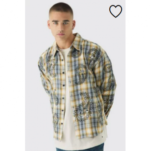 超大号佩斯利刺绣格子长袖衬衫