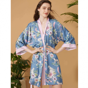 Ulivary Short Kimono Robe Blue Forest
