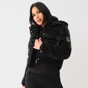 40% Off Faux Patent Leather Hooded Puffer Jacket @ True Religion