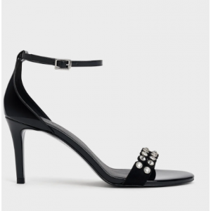 Charles & Keith Patent Crystal-Embellished Heeled Ankle-Strap Sandals - Black Patent