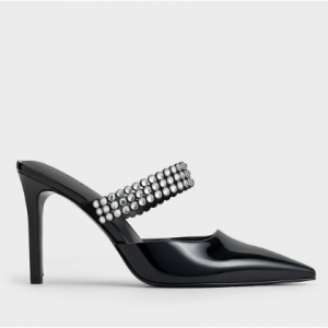 Charles & Keith Patent Crystal-Embellished Heeled Mules - Black Patent