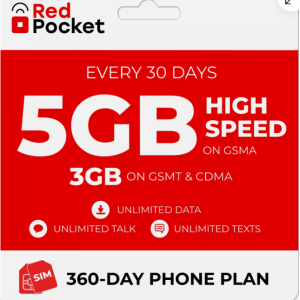 $10/Mo RedPocket Prepaid Plan: UnImtd Everything, GSMA 5GB(GSMT & CDMA 3GB) @eBay