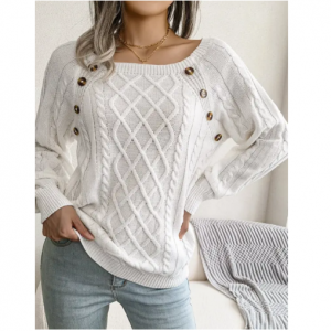 46% Off Cable Knit Sweater Mock Button Raglan Sleeve Crew Neck Pullover Sweater @ DressLily