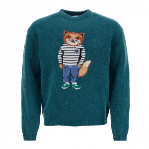 MAISON KITSUNE green wool sweater with fox intarsia 套头毛衣