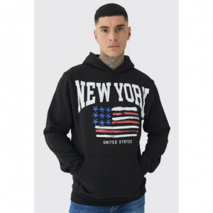 黑色纽约印花高领连帽衫