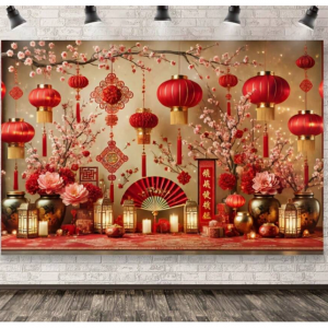 中国新年生动的摄影背景-红灯笼和花卉图案