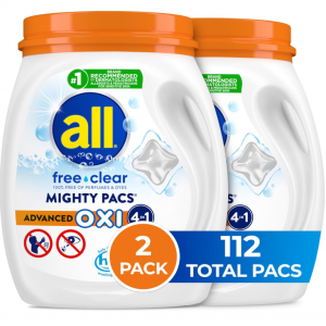 All Mighty Pacs Laundry Detergent with OXI Stain Removers and Whiteners, 56 Count, Pack of 2