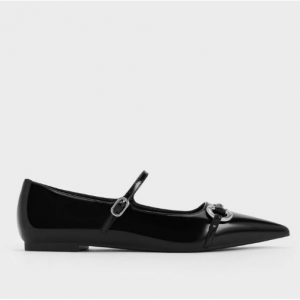 30% Off Metallic Accent Pointed-Toe Mary Janes - Black Box @ Charles & Keith