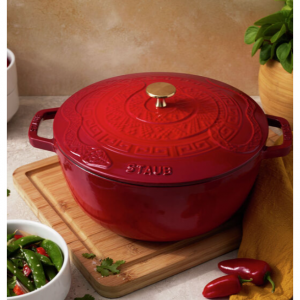 Staub Cast Iron - Braisers/ Sauté Pans 5.25 qt, Essential French Oven with Snake Lid, cherry 